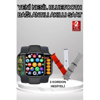Akıllı Saat Arama Görüşme Bildirim Görme Uyku ve Sağlık Takibi Nabız Ölçer 3 Kordon Hediyeli