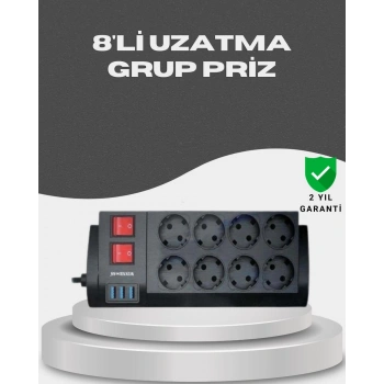 Akım Korumalı 8’li Priz 3 USB’li Uzatma Kablosu Isıya Dayanıklı 2 Metre