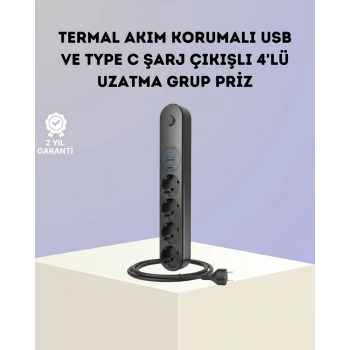 Akım Korumalı Çoklu Priz 4’lü 2 USB 1 Type-C 2500W Güçlü Tasarım