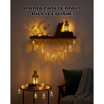 Altın Fener Detaylı Pilli Ramazan LED Işık Ev Dekorasyonu