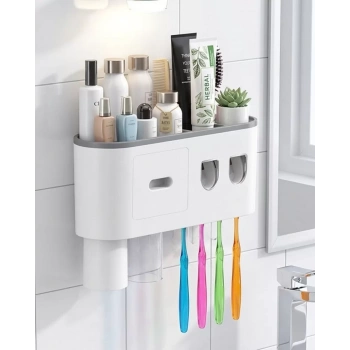 Banyo Organizer Diş Fırçası Tutucu Çift Dispenserli Raflı Çekmeceli