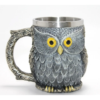 Bilge Baykuş Figürlü 3D Kabartmalı Paslanmaz Çelik Kupa Bardak