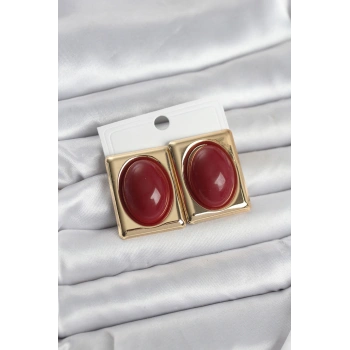 Bordo Kare Model Vintage Gold Renk Kadın Küpe 5886
