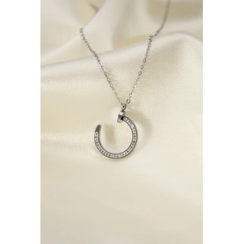 Çelik Silver Renk Zirkon Taşlı Çivi Model Kadın Kolye 5886