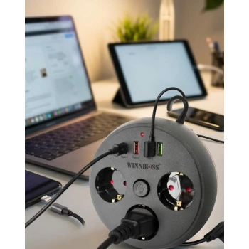 Çoklu Priz Akım Koruma 3 Soket 3 USB Type C Hızlı Şarj 2m Uzatma Kablosu