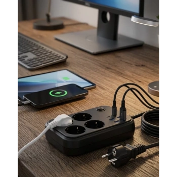 Çoklu Priz ve USB Şarj Ünitesi 4 Soket 2 Type C Güvenli Enerji Yönetimi