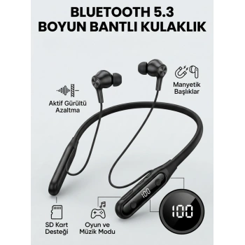 Ekranlı ve SD Kart Destekli Bluetooth 5.3 Boyun Bantlı Kulaklık