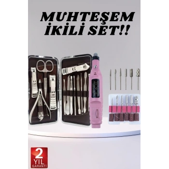 Elektrikli Manikür Pedikür Seti İkili Set 12 Parça Tırnak Bakımı Törpü Protez Çıkarma