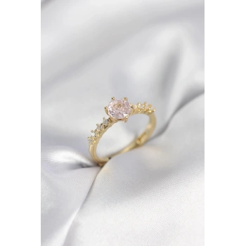 Gold Renk Pembe Tek Taş Model Zirkon Taşlı Kadın Yüzük 5886