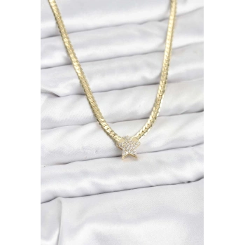 Gold Renk Pirinç Yıldız Zirkon Taşlı Kadın Kolye 5886