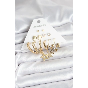 Gold Renk Yıldızlı Set 6 Çift Kadın Küpe Seti 5886