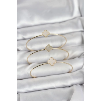 Gold Renk Yonca Model Zirkon Taşlı 3lü Kadın Bileklik Kombini 5886