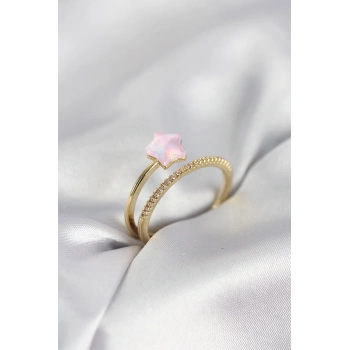 Gold Renk Zirkon Taşlı Pembe Halley Model Kadın Yüzük 5886