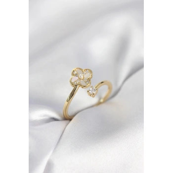 Gold Renk Zirkon Taşlı Yonca Model Kadın Yüzük 5886
