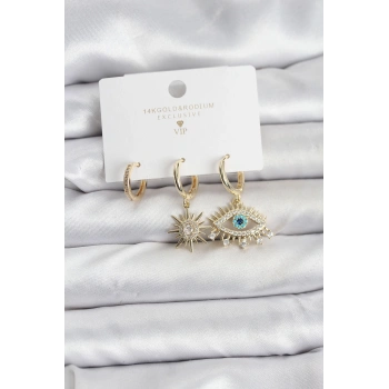 Göz Model Gold Renk Pirinç 3lü Kadın Küpe Seti 5886