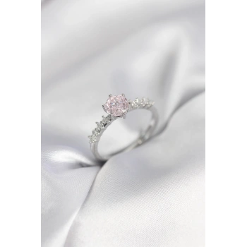 Gümüş Renk Pembe Tek Taş Model Zirkon Taşlı Kadın Yüzük 5886