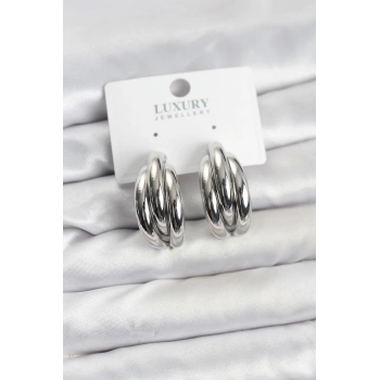 Gümüş Renk Pirinç Yarım Halka Model Kadın Küpe 5886