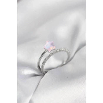 Gümüş Renk Zirkon Taşlı Pembe Halley Model Kadın Yüzük 5886