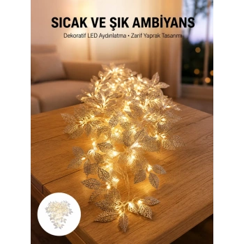 Gümüş Yaprak Tasarımlı LED Işık Pilli Ev ve Vitrin Dekoru