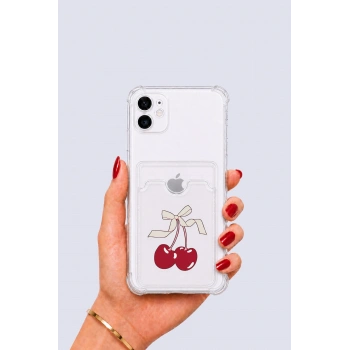 iPhone 12 Kartlıklı Kiraz Desenli Kılıf
