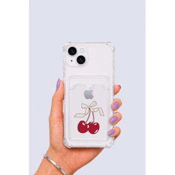 iPhone 13 Kartlıklı Kiraz Desenli Kılıf
