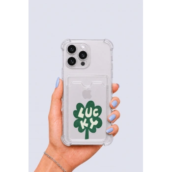 iPhone 13 Pro Max Kartlıklı Lucky Yonca Desenli Kılıf