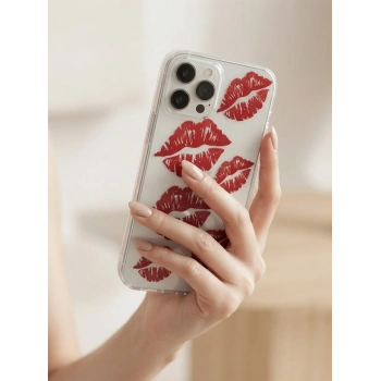 iPhone 13 Pro Max Kırmızı Dudak / Öpücük Desenli Şeffaf Telefon Kılıfı