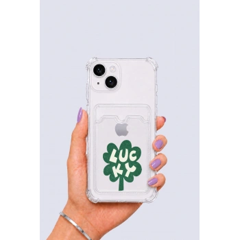 iPhone 14 Kartlıklı Lucky Yonca Desenli Kılıf