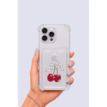 iPhone 16 Pro Max Kartlıklı Kiraz Desenli Kılıf
