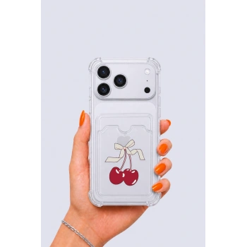 iPhone 17 Pro Max Kartlıklı Kiraz Desenli Kılıf