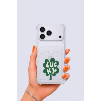 iPhone 17 Pro Max Kartlıklı Lucky Yonca Desenli Kılıf