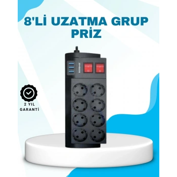 Isıya Dayanıklı Termal Akım Korumalı 8li Priz ve 3 USB Girişli Uzatma Kablosu