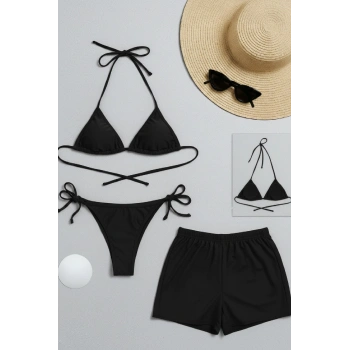 Kadın 3lü Set Siyah Şortlu ve Yandan Bağlamalı Bikini Mayo Takımı
