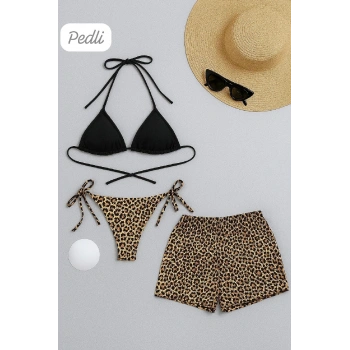 Kadın 3lü Set Siyah ve Leopar Desenli Şortlu Yandan Bağlamalı Bikini Mayo Takımı