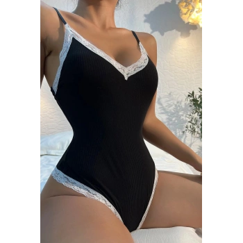 Kadın Beyaz Dantel Işlemeli Siyah Tulum Gecelik H110537