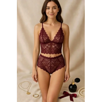 Kadın Bordo Dantel Bralet Şort Takımı – Asil ve Sofistike İç Giyim
