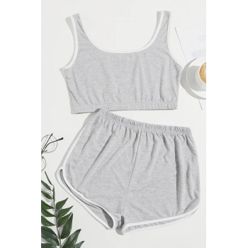 Kadın Gri Askılı Crop Top ve Şortlu Gecelik Takım H110559