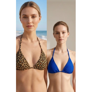 Kadın Leopar Desenli ve Mavi Minimal Kesim Üçgen Bikini Üstü – Modern ve Şık Tasarım