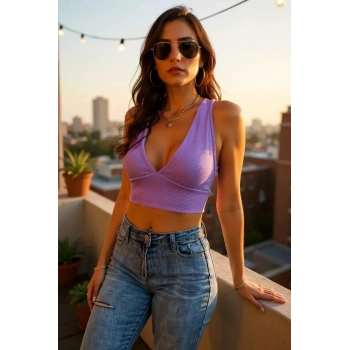 Kadın Lila Çapraz Sırt Detaylı Şık Crop Top Büstiyer