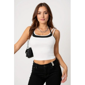 Kadın Siyah Beyaz Çift Renk Çapraz Askılı Crop Top Bluz