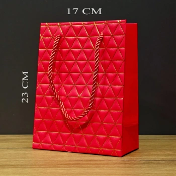 Kırmızı Geometrik Desenli Orta Boy Karton Hediye Çantası