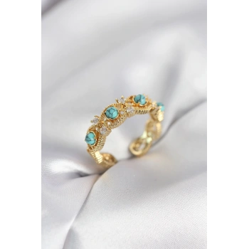 Mavi Taşlı Gold Renk Vintage Kadın Yüzük 5886