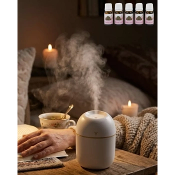 Mini Nemlendirici 5 Esans Hediyeli LED Işıklı Taşınabilir Aromaterapi Buhar Makinesi