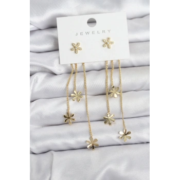 Papatya Model Gold Renk Pirinç Sallantılı Kadın Küpe 5886