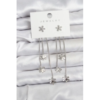 Papatya Model Gümüş Renk Pirinç Sallantılı Kadın Küpe 5886