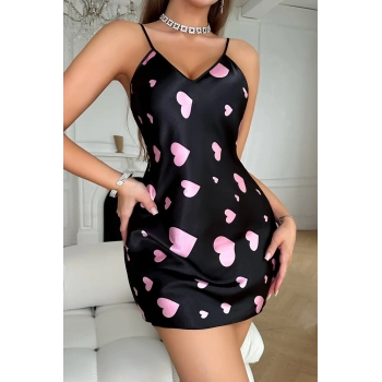 Pembe Kalp Desenli Siyah Saten Gecelik