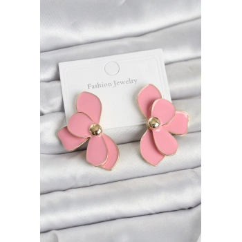 Pembe Mineli Lotus Model Pirinç Kadın Küpe 5886