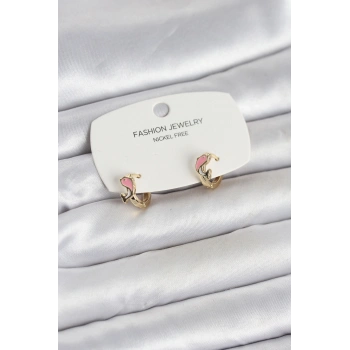 Pembe Yunus Balığı Model Gold Renk Pirinç Çocuk Küpe 5886
