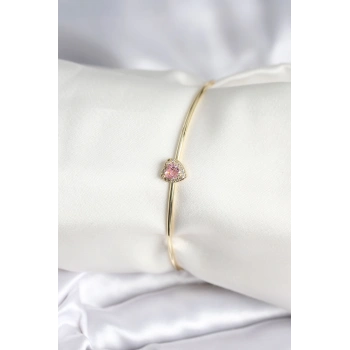 Pembe Zirkon Taşlı Kalp Model Gold Renk Kadın Bileklik 5886