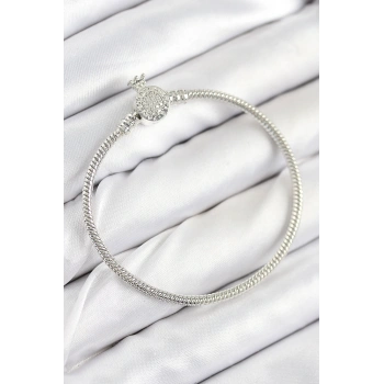 Pirinç Charm Zirkon Taşlı Taç Model Gümüş Renk Kadın Bileklik 5886